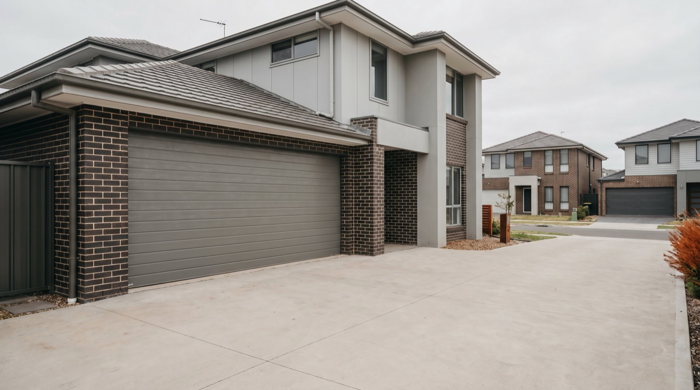 A grey sectional double garage door on a modern render-and-brick home in a new Newcastle estate